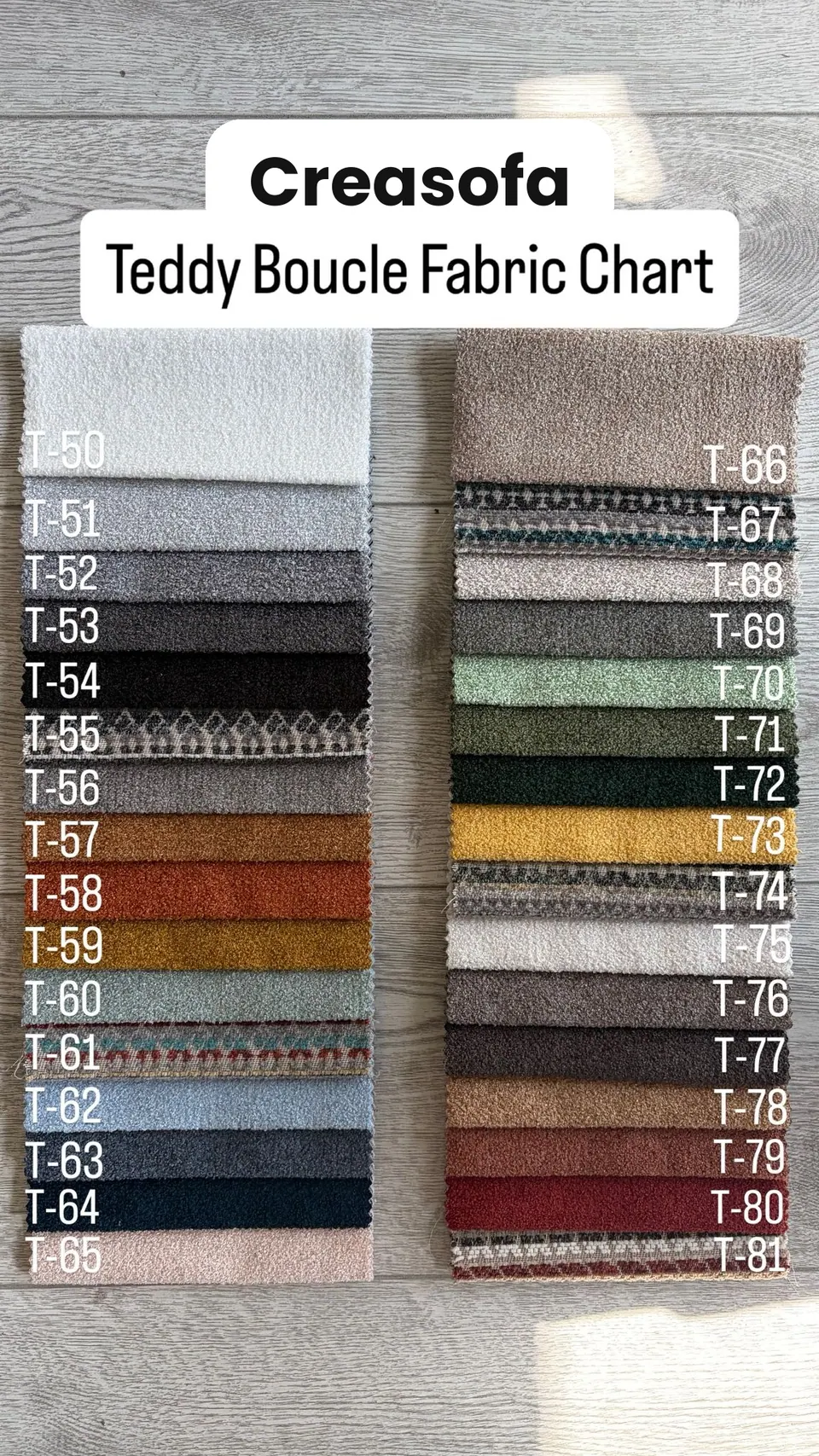 32 teddy bouclé strips: snow white, grays, black, camel, rust, mustard, mint, navy, blush, mocha, forest green, burgundy