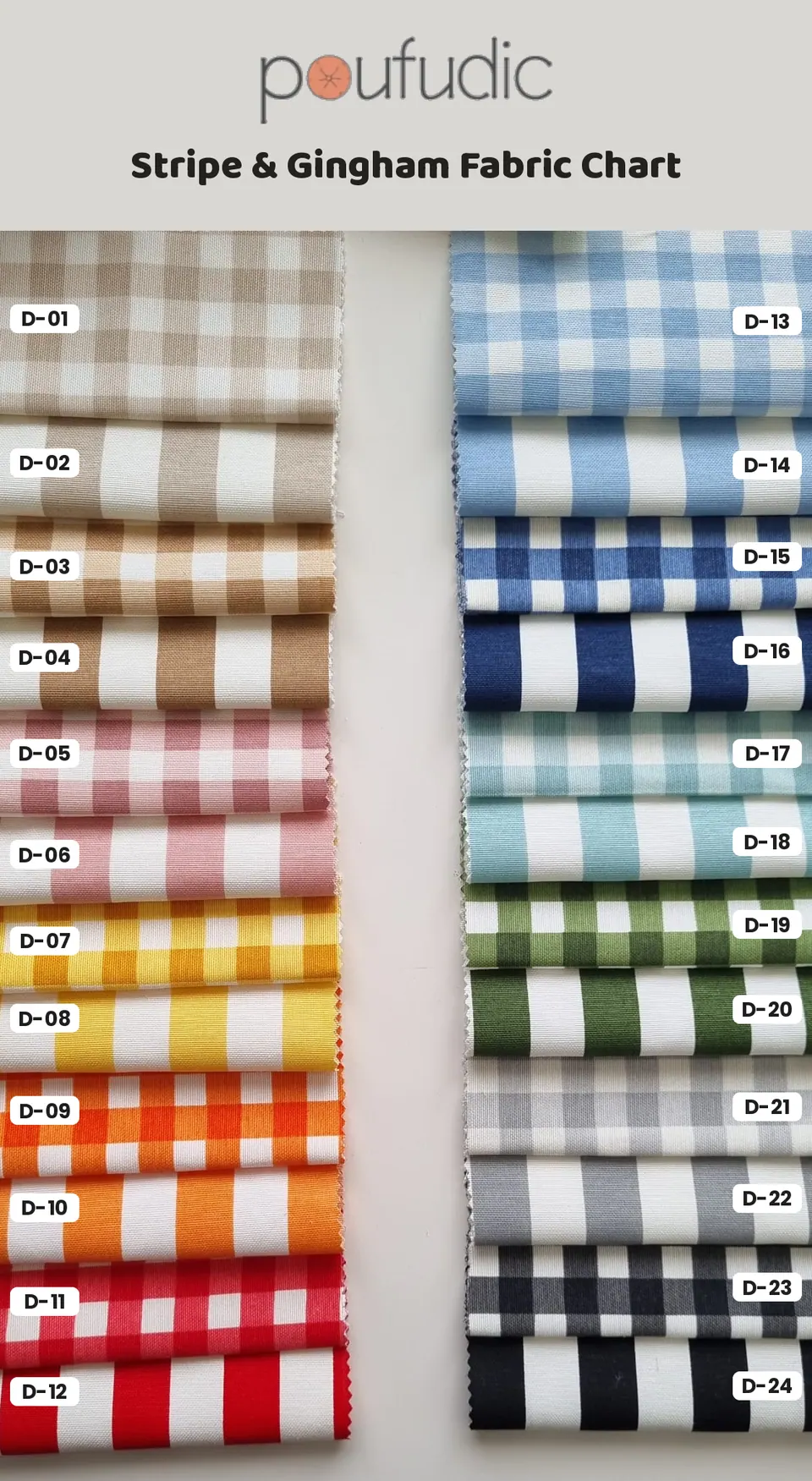 Fabric chart of 24 folded swatches pairing gingham checks and wide stripes in beige, pink, yellow, red, blue and black