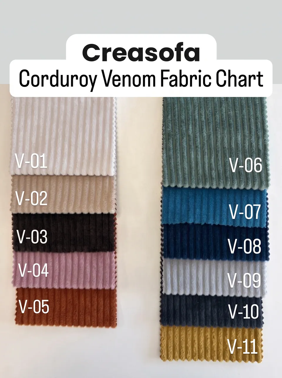 Eleven chunky corduroy strips on a white wall: white, beige, brown, lilac, rust, sage, cerulean, navy, gray, ink, mustard