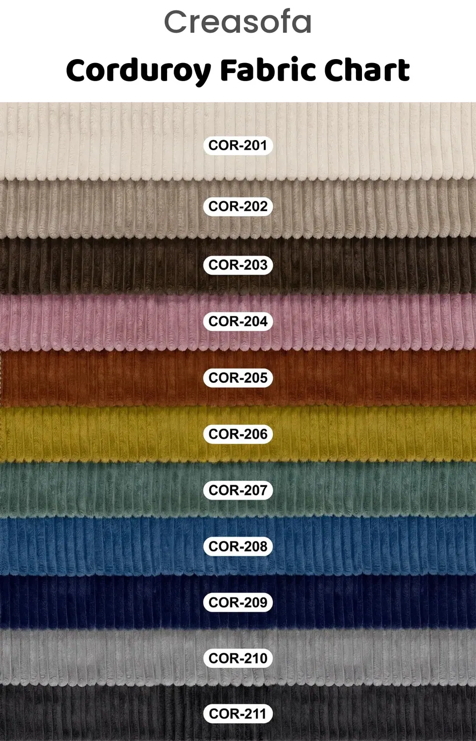 Eleven ribbed corduroy strips: ivory, taupe, espresso, dusty pink, rust, olive gold, sage, cobalt, navy, gray, black