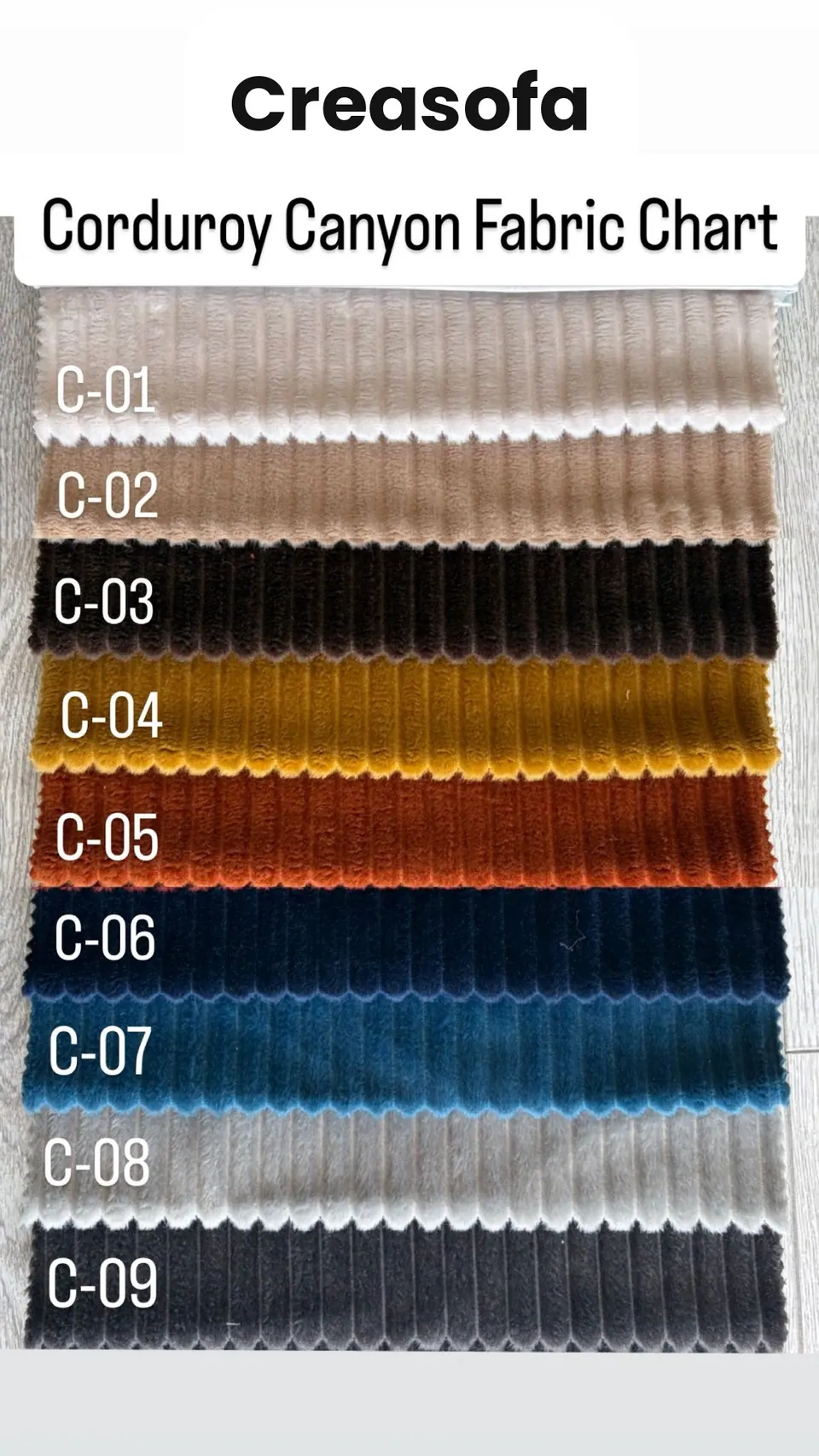 Nine wide-wale corduroy strips: ivory, sand, dark chocolate, mustard, rust, petrol, teal blue, silver and charcoal
