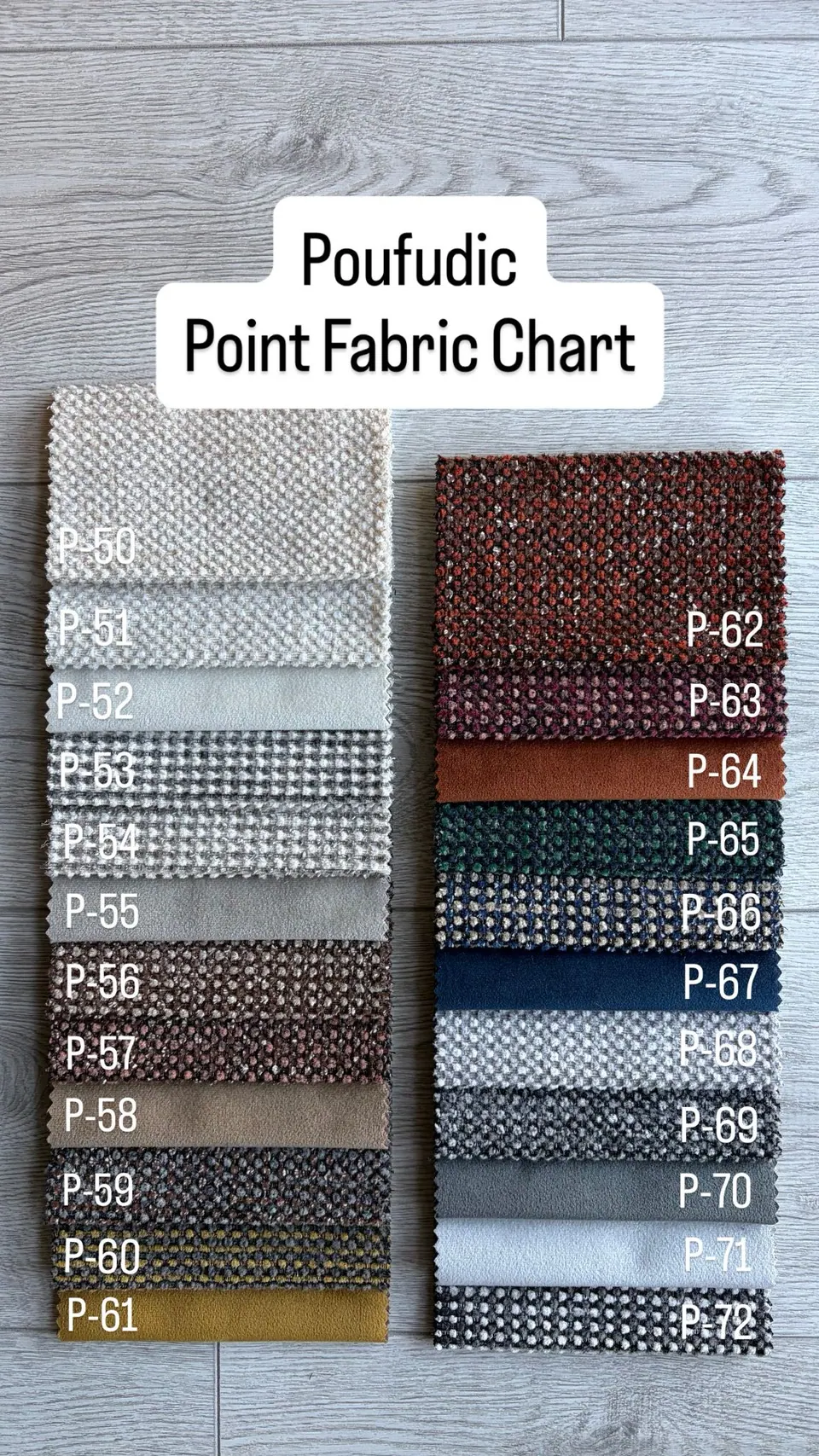 Swatch chart of 23 numbered fabrics: two-tone dotted chenille weaves and plain velvets from cream and mustard to navy