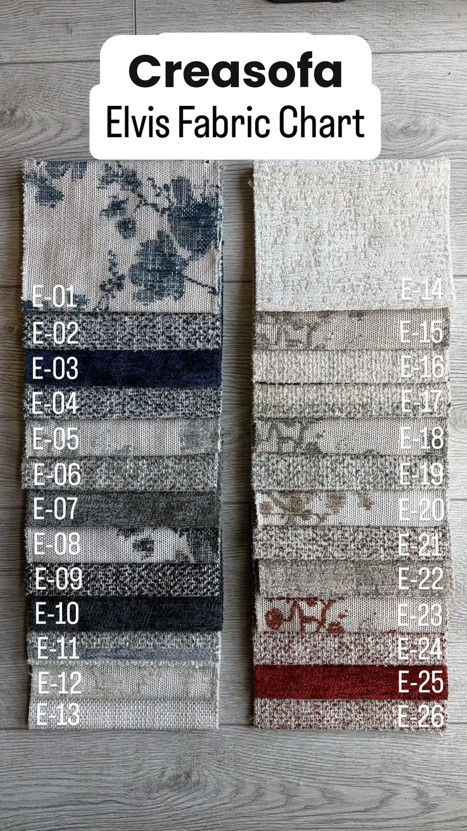 26 upholstery swatches: gray and navy chenille, ecru jacquard with blue floral, beige florals and one brick red