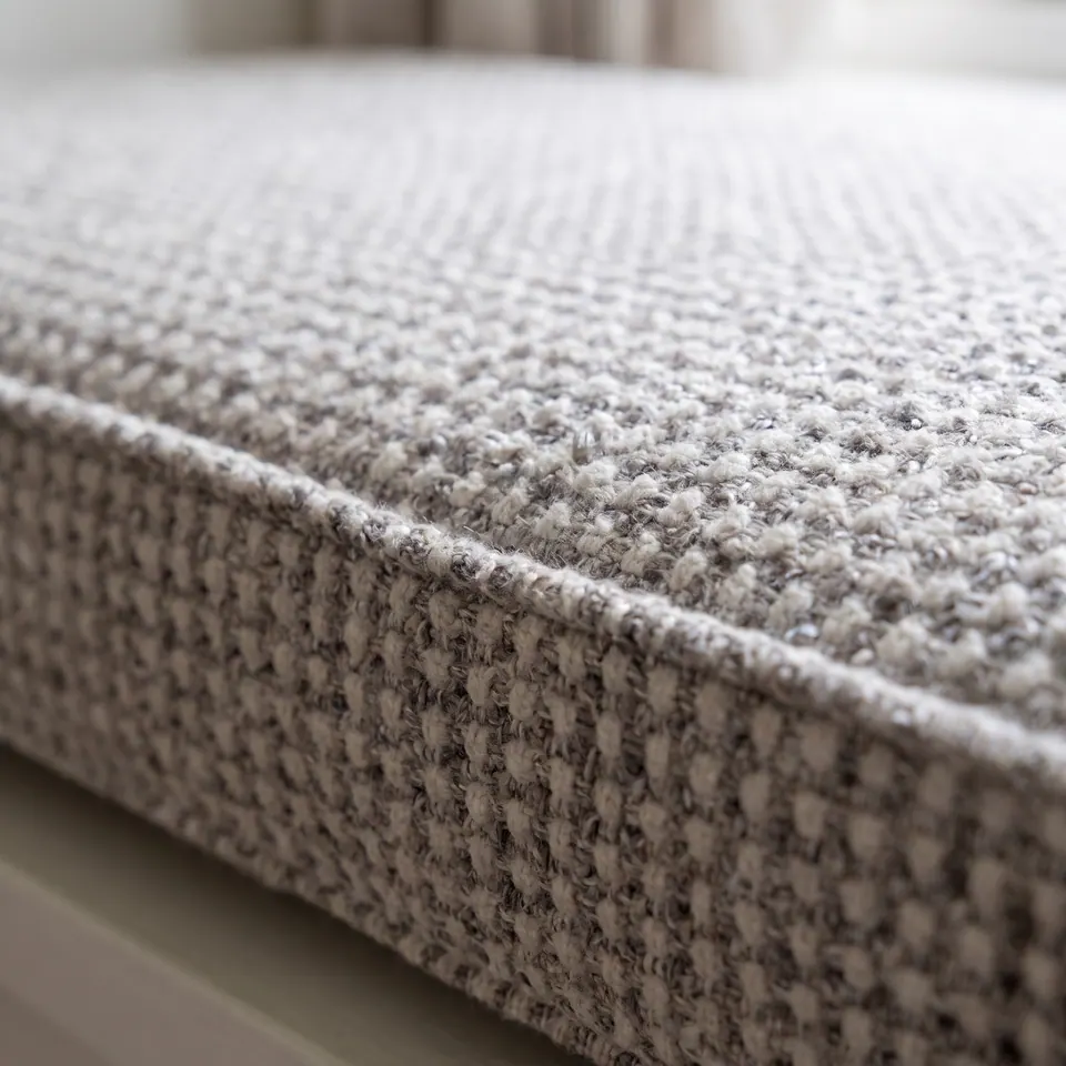 Macro close-up of a gray and ivory loopy woven cushion fabric showing the piped seam between top and side