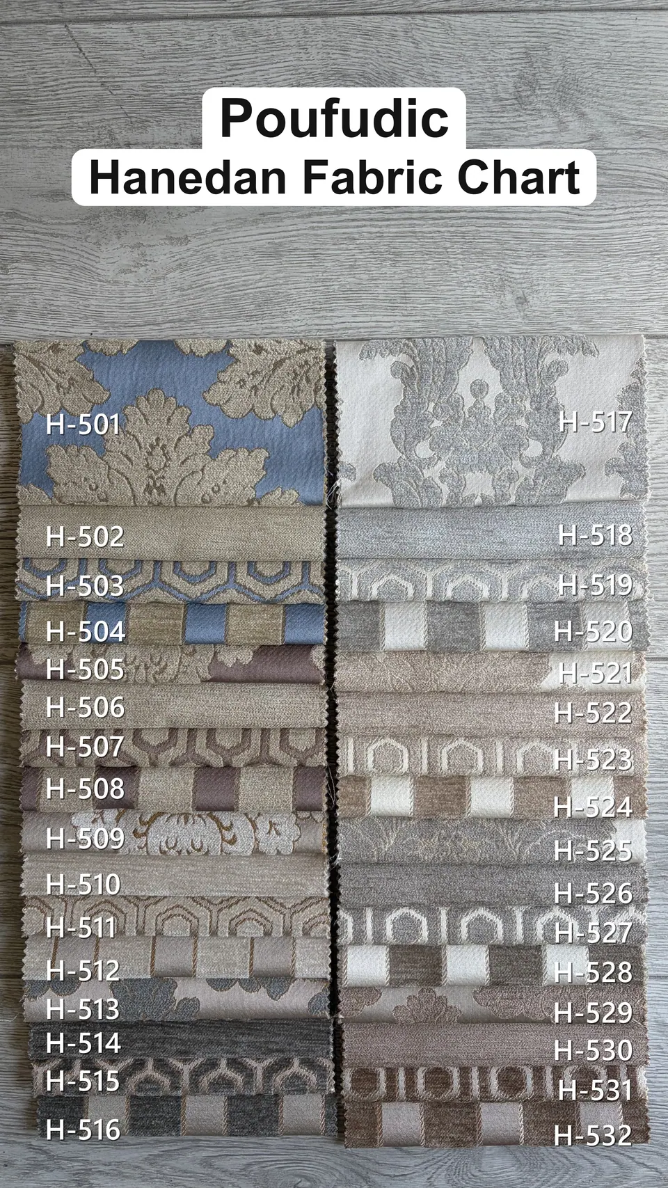 Fabric chart of 32 jacquard upholstery swatches: blue damask, silver damask, trellis, stripe and plain weaves on gray boards