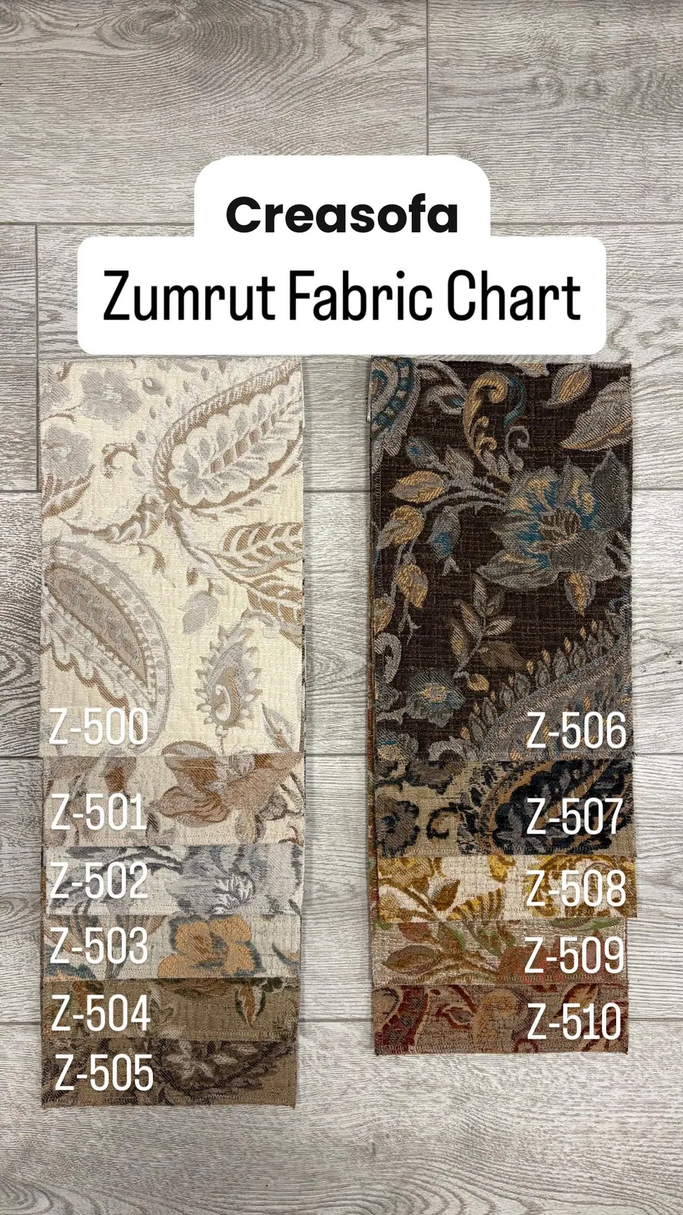 Eleven paisley and floral tapestry jacquard swatches: cream and beige on the left, dark brown with blue and gold on the right