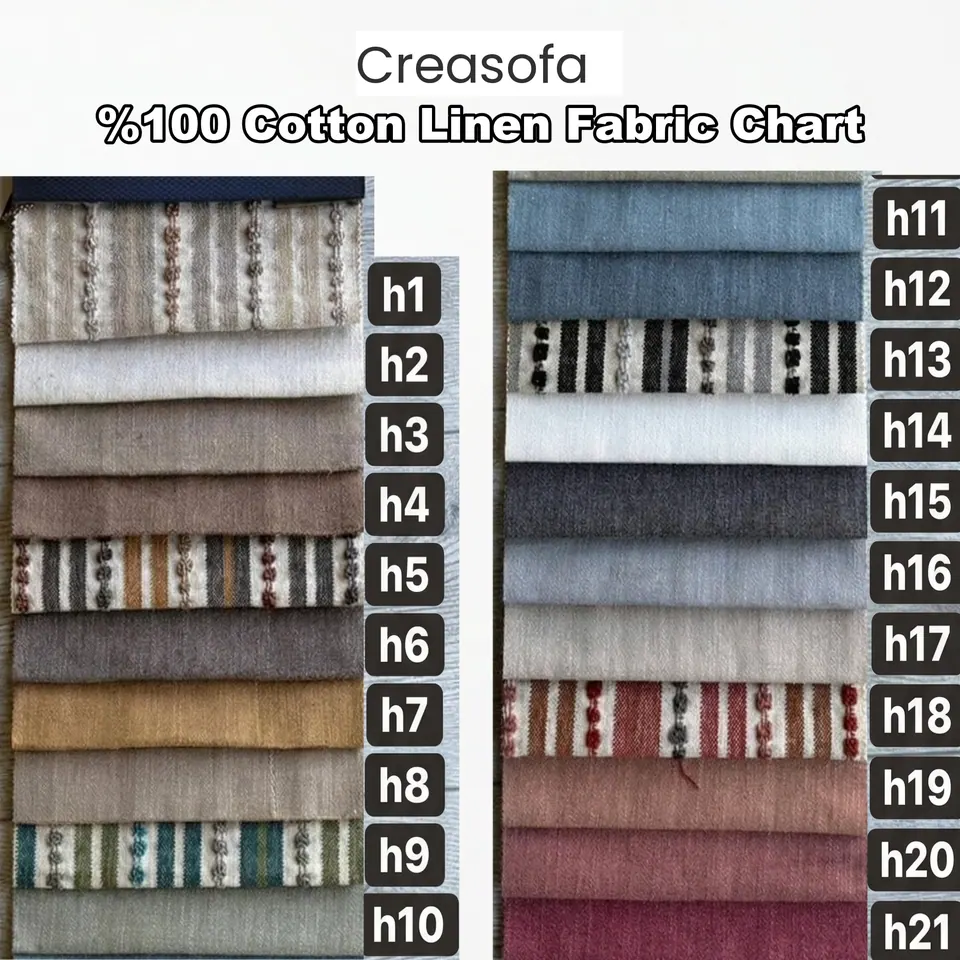 21 cotton-linen swatches: plain white, sand, ochre, blues and berry shades plus woven stripes with bobble dots