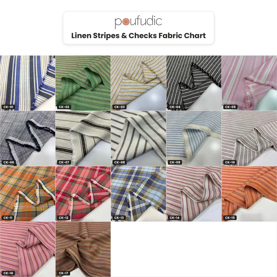 Fabric chart of 17 linen swatches in stripes and madras checks, from blue ticking and green stripes to red and blue plaids