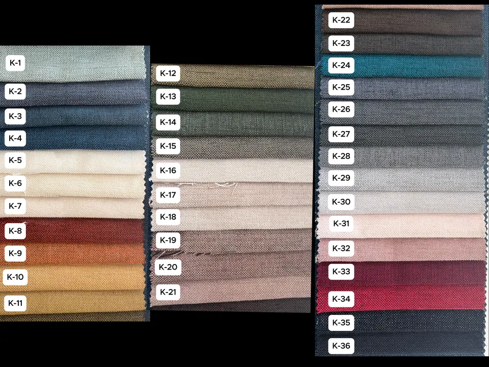 Fabric chart of thirty-six linen-weave colors in three columns, from sage and navy to ochre, taupe, pink, wine and black