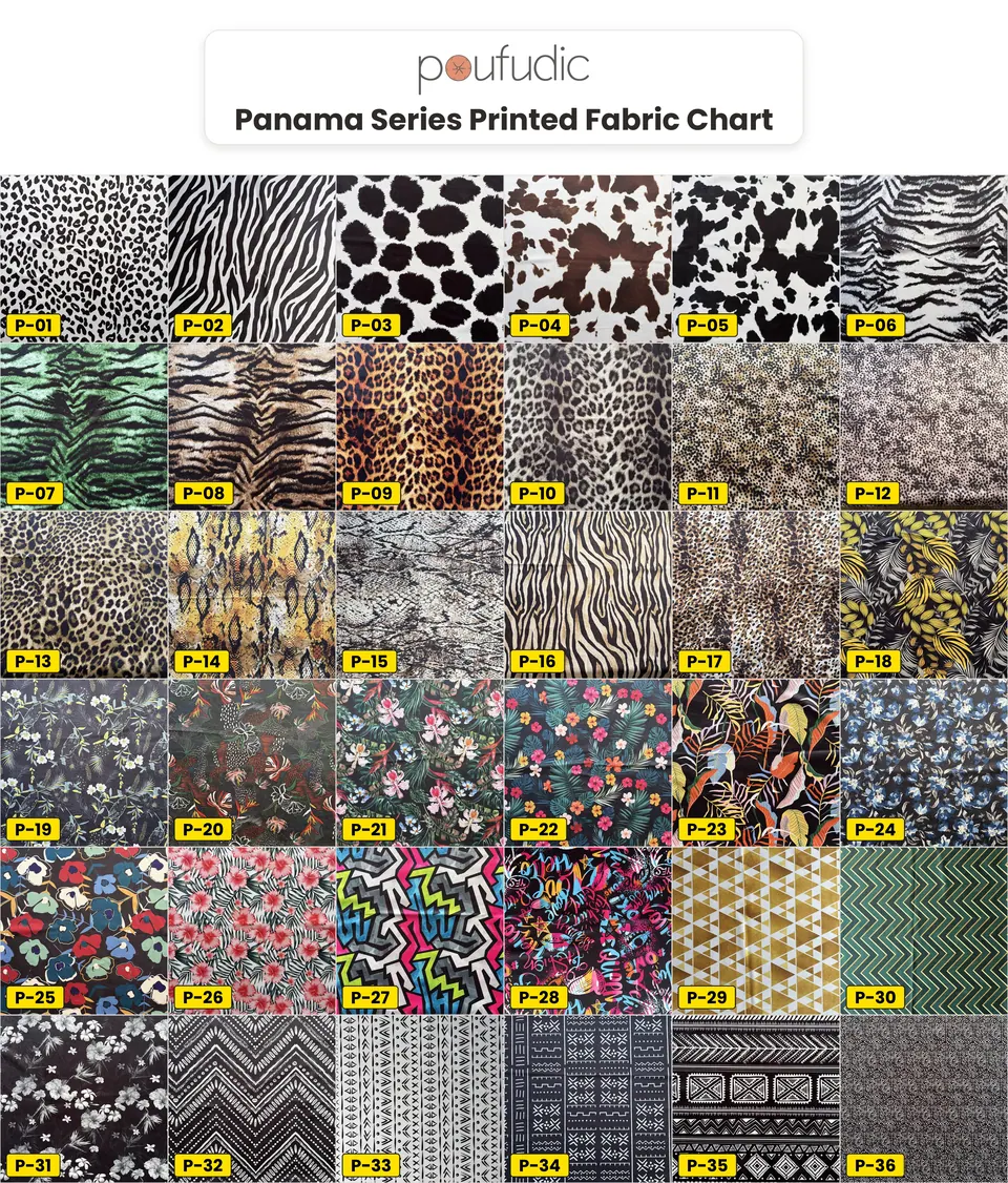 Chart of 36 printed upholstery fabrics P-01 to P-36: leopard, zebra, cowhide, tropical florals, graffiti, mudcloth styles