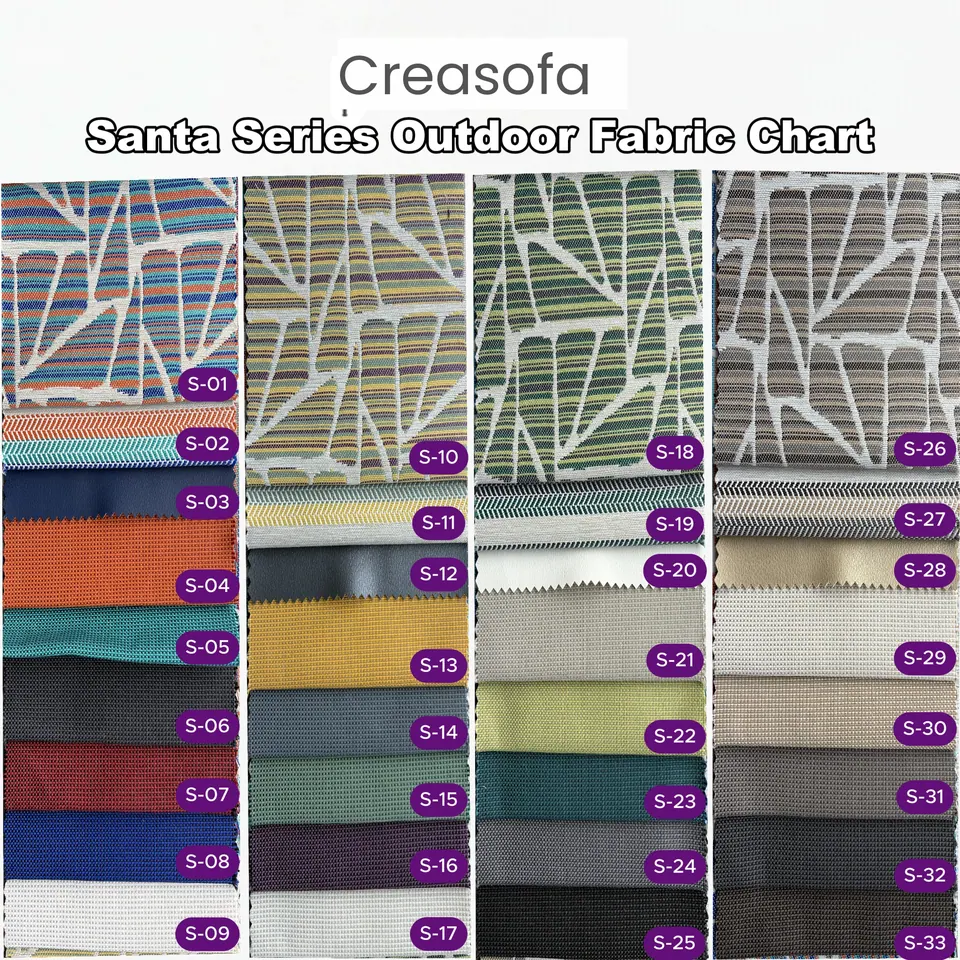 33 outdoor fabric swatches: multicolour crackle-stripe jacquards above plains in orange, teal, mustard, lime, navy and gray