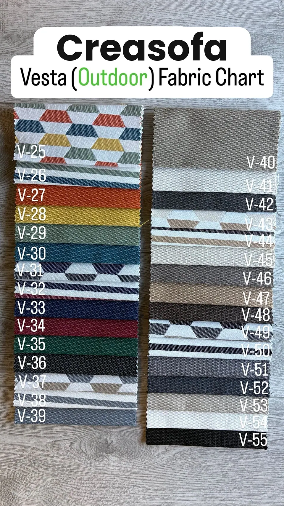 Outdoor fabric swatches V-25 to V-55: hexagon prints, stripes and solids in orange, mustard, teal, navy, burgundy and gray