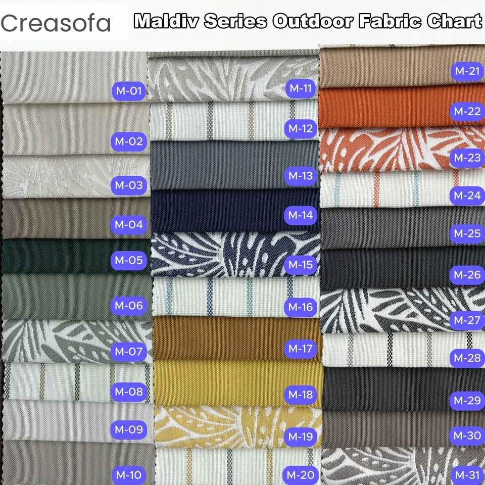 31 outdoor fabric swatches: taupe and bottle green plains, pinstripes, navy and orange leaf jacquards, mustard, charcoal