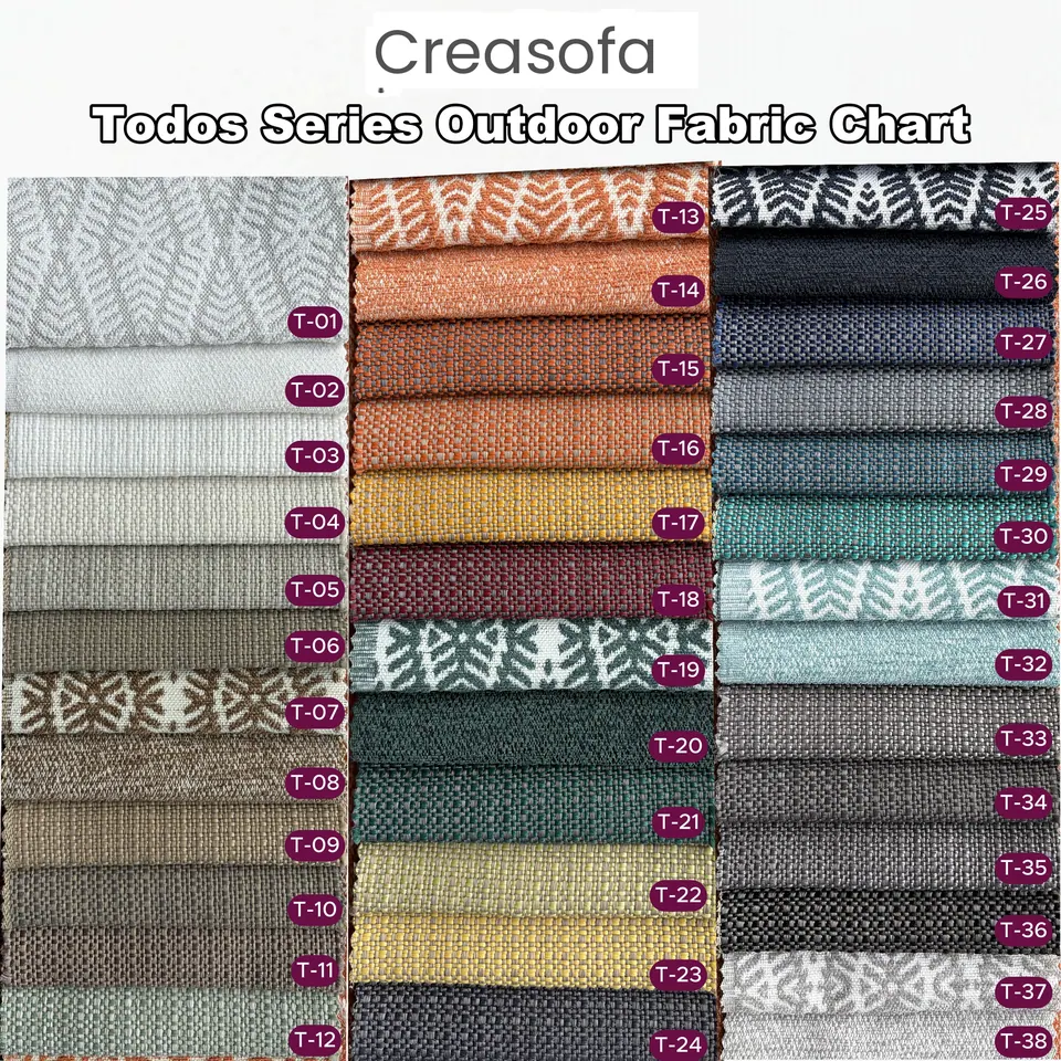 38 outdoor textured weaves: gray and white feather motifs, orange, rust, burgundy, forest green, mustard, navy, teal, grays