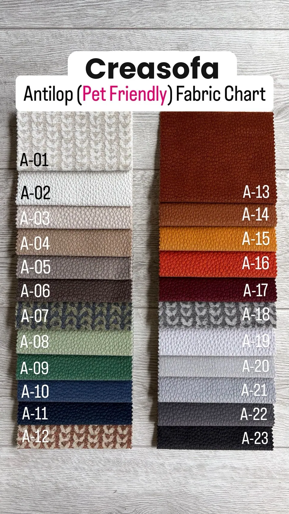 Pet-friendly upholstery swatches A-01 to A-23 with a pebbled leather grain in cream, cognac, orange, sage, navy and black