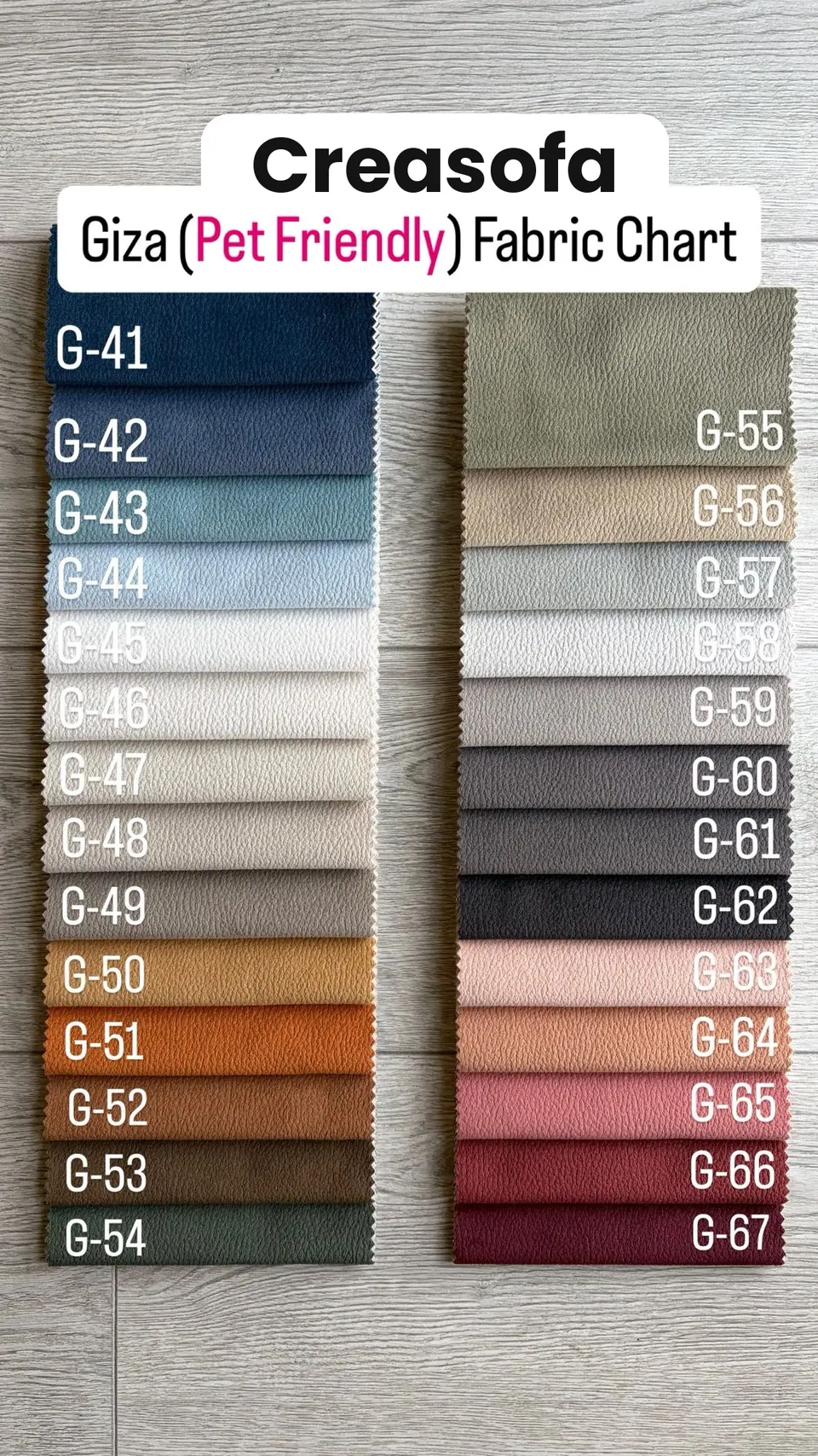 27 pet-friendly soft upholstery strips: navy, powder blue, whites, camel, rust, bottle green, sage, grays, blush, burgundy