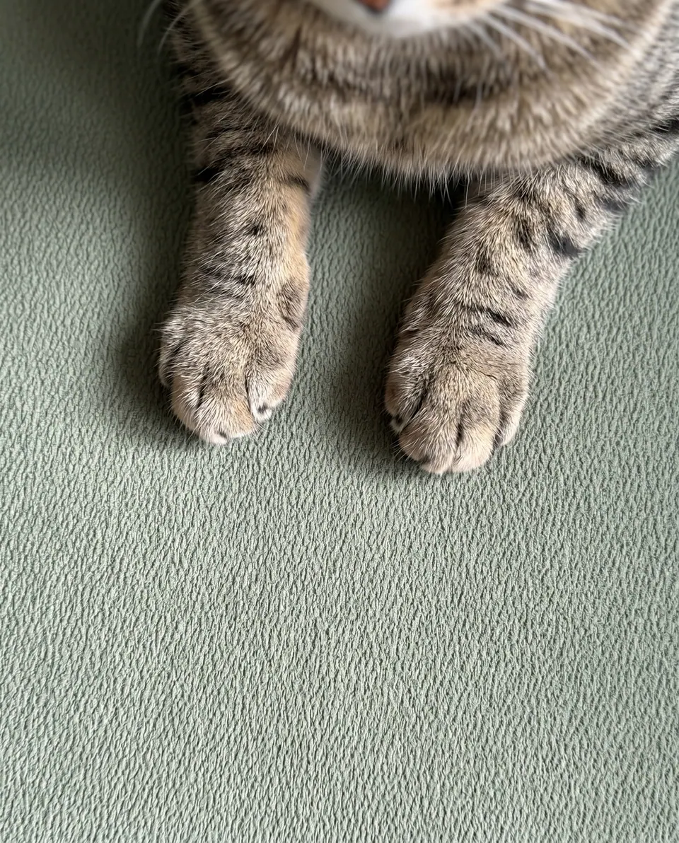 Tabby cat's front paws resting on a sage green pebble-textured pet-friendly cushion fabric, seen from above