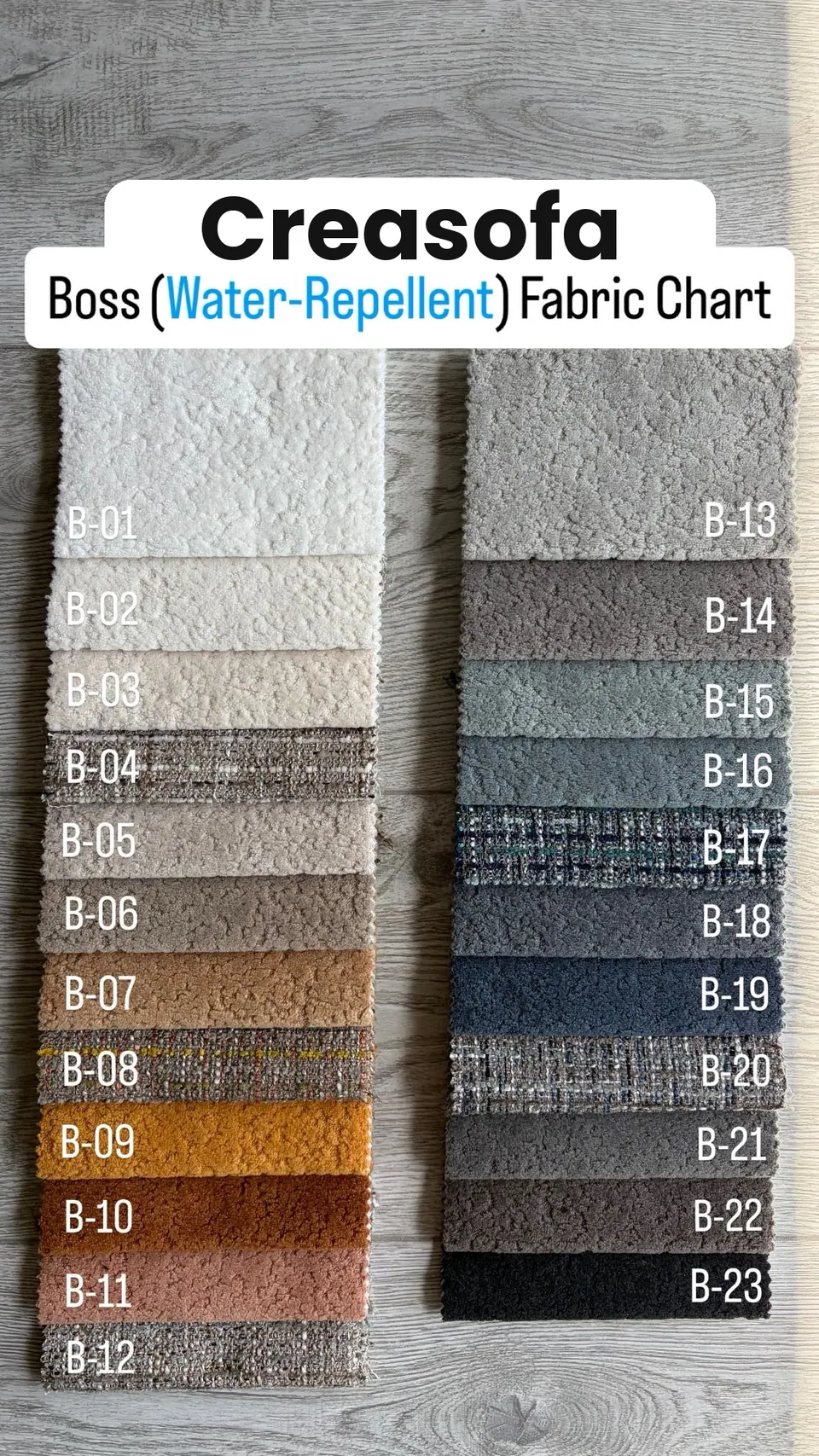 Chart of 23 water-repellent textured upholstery strips, from white and mustard to rust, denim blue and black