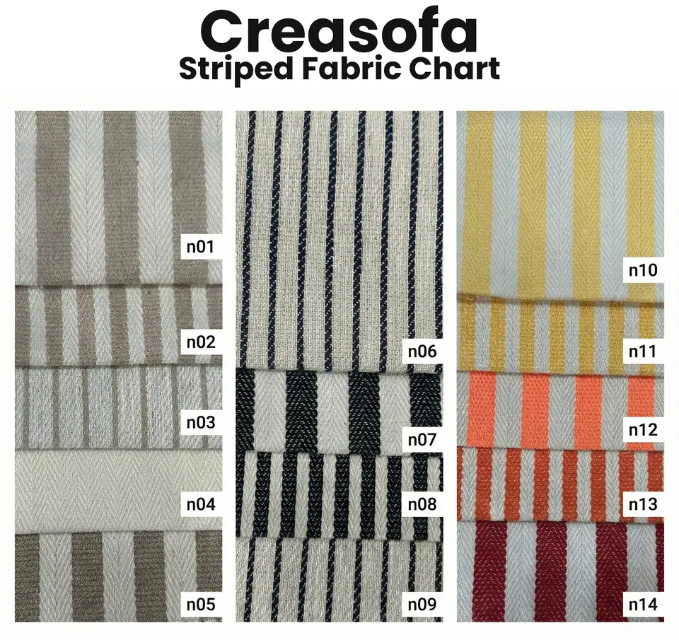 Swatch chart of herringbone striped cotton, codes n01 to n14, in taupe, navy, black, mustard, coral and burgundy on cream
