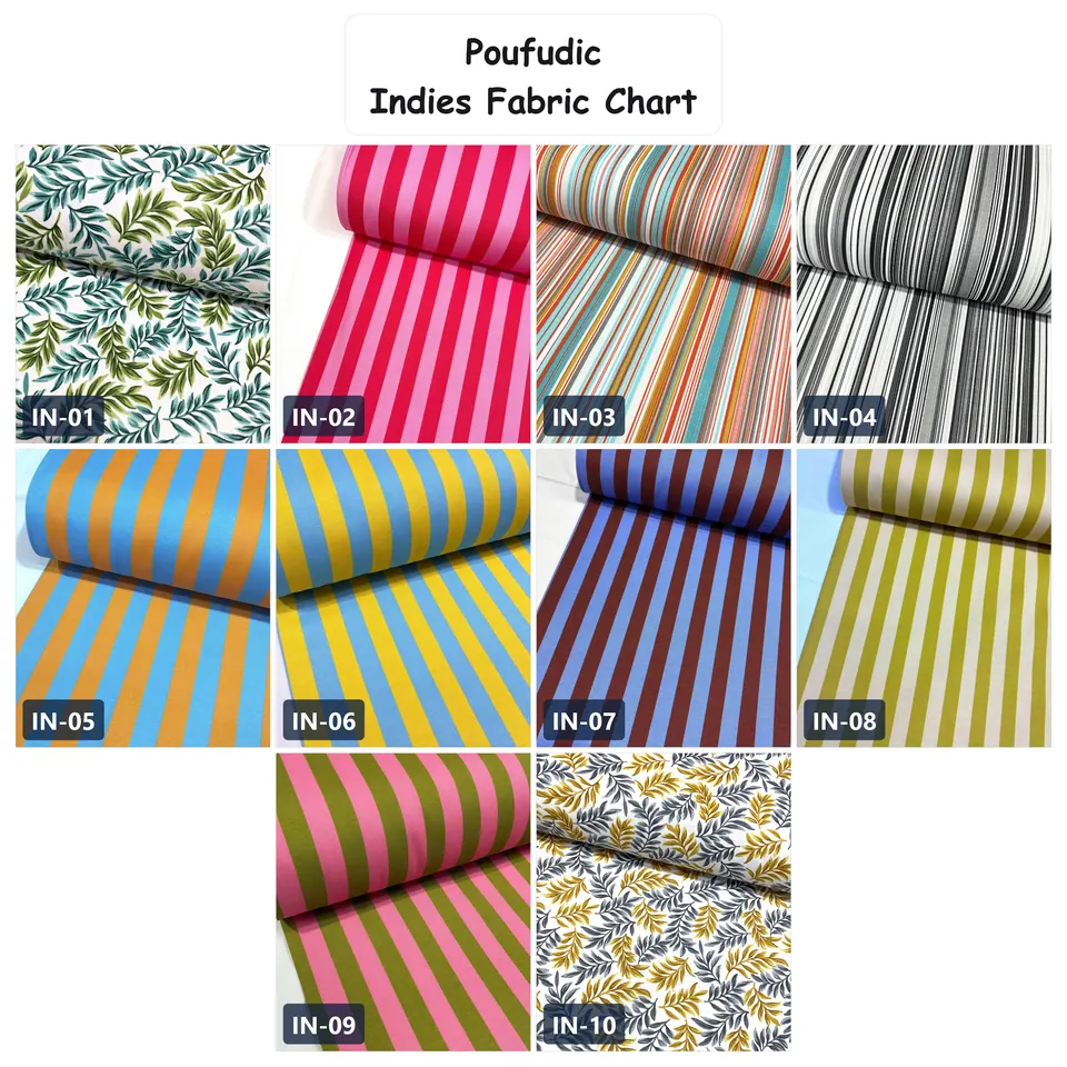 Fabric chart of ten cotton rolls: leaf prints, pinstripes and wide awning stripes in pink, blue, mustard and olive