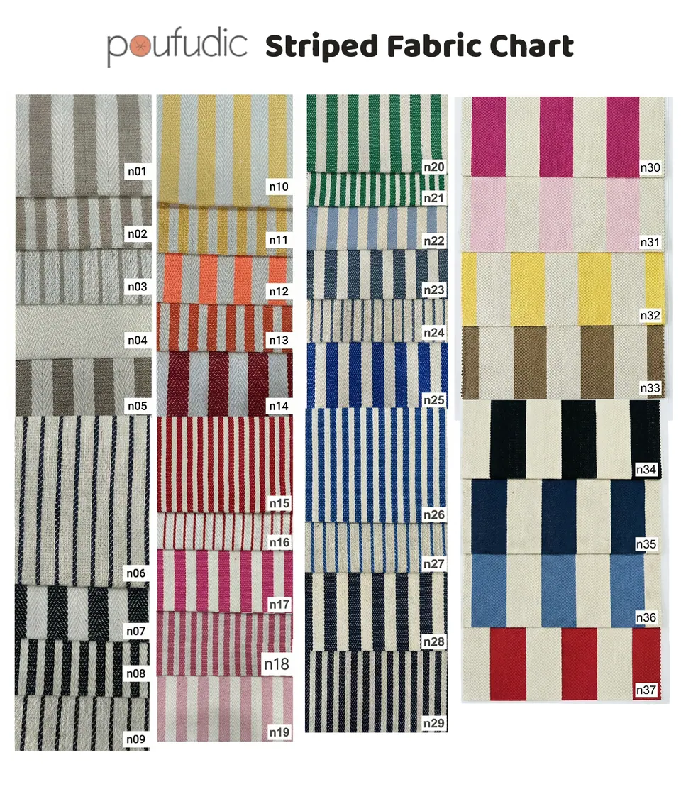Chart of 37 striped cotton swatches from fine ticking to wide block stripes in taupe, black, red, blue, pink and yellow