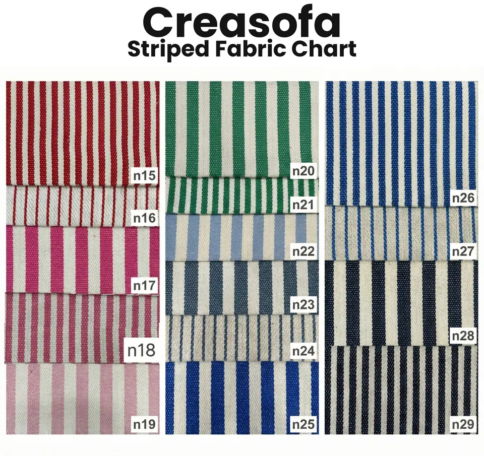 Swatch chart of striped cotton, codes n15 to n29, in red, magenta, pink, green, sky blue, royal blue and navy on cream