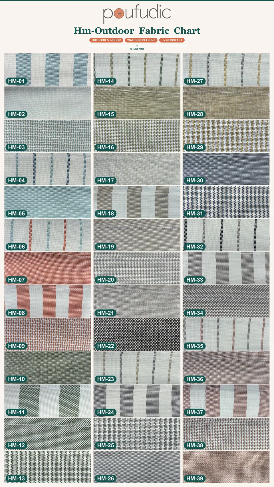 Swatch chart of 39 numbered water-repellent outdoor fabrics in stripes, micro checks and solids in grays, blues and corals