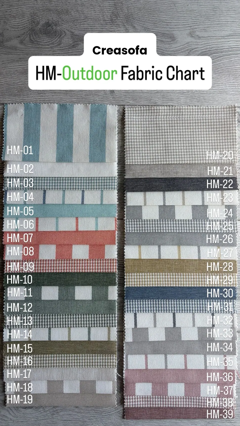 Outdoor membrane fabric swatches HM-01 to HM-39 in aqua, coral, green and navy stripes, block checks and gray houndstooth