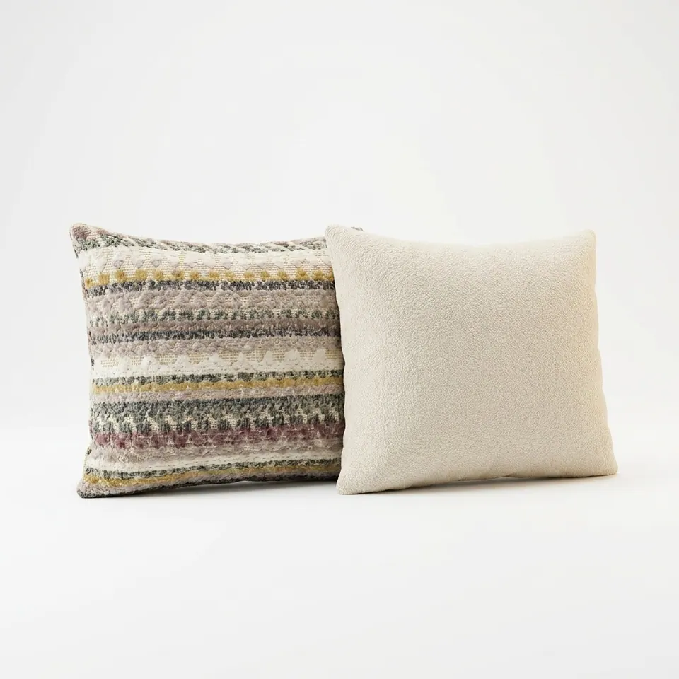 Two throw pillows on white: a striped woven pillow in cream, lilac and mustard beside a plain cream bouclé square