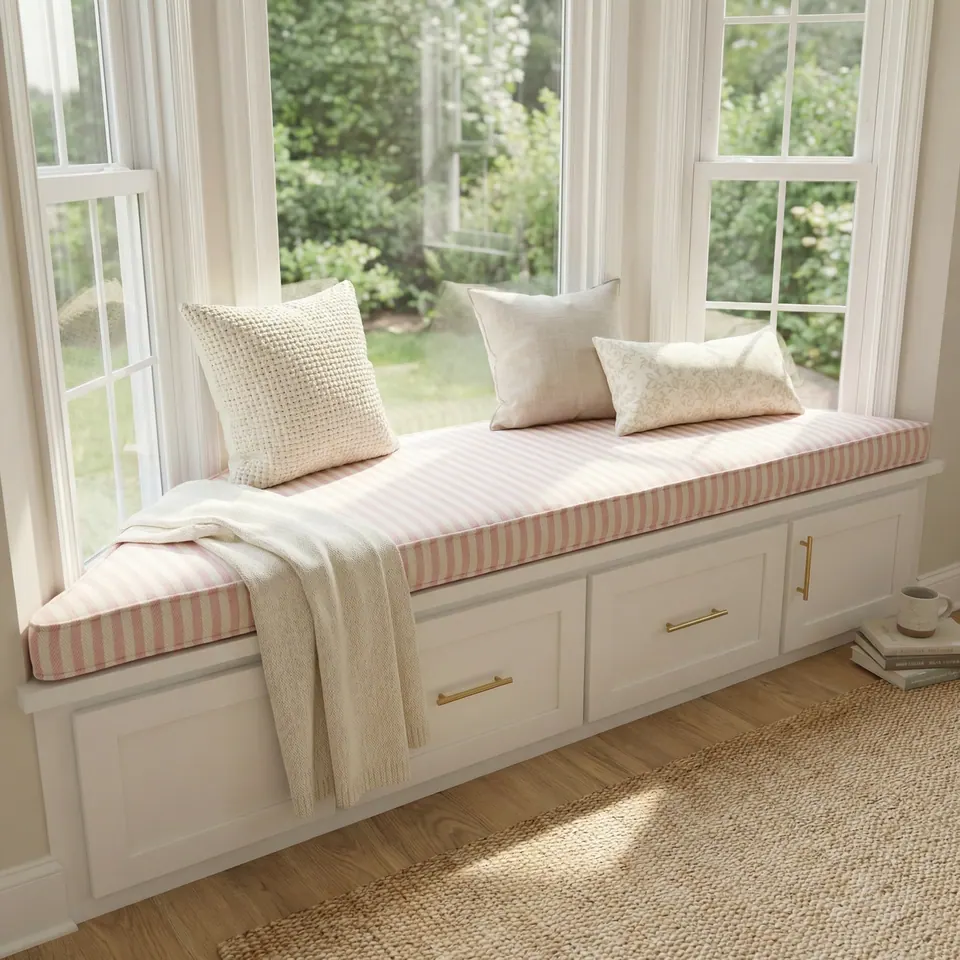 Blush pink and white stripe angled window seat cushion with self piping, cream pillows and throw on a white bay bench