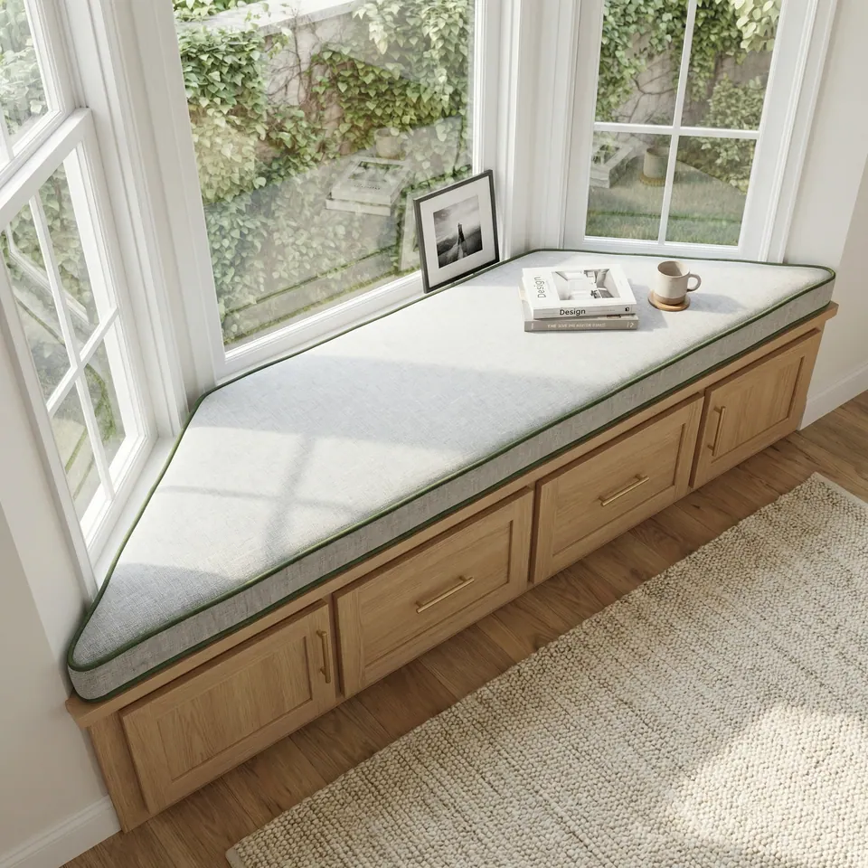 Light gray linen-look angled bay window cushion with olive green piping on an oak drawer base beside a jute rug