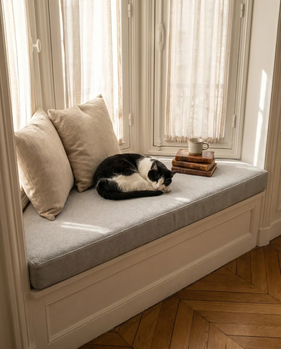Light gray trapezoid window seat cushion with fine piping in a Parisian alcove, tuxedo cat curled beside oatmeal pillows