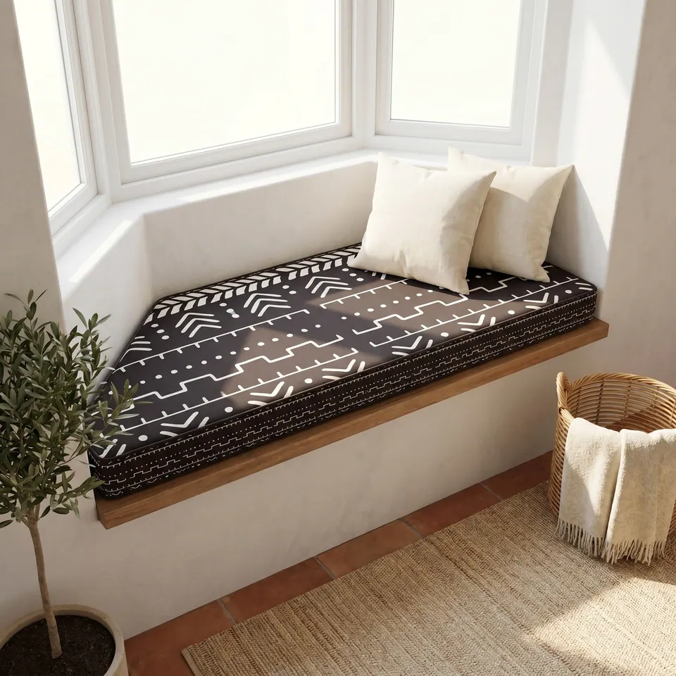 Trapezoid bay window cushion in charcoal mudcloth print on a floating oak shelf seat, cream pillows, olive tree and jute rug