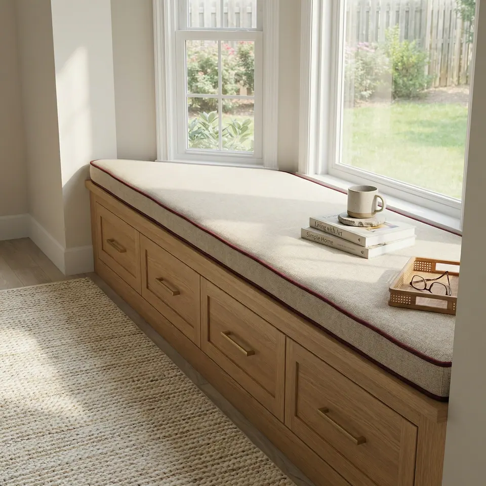 Oatmeal linen-look bay bench cushion with burgundy piping on oak drawers, rattan tray and mug by a garden window