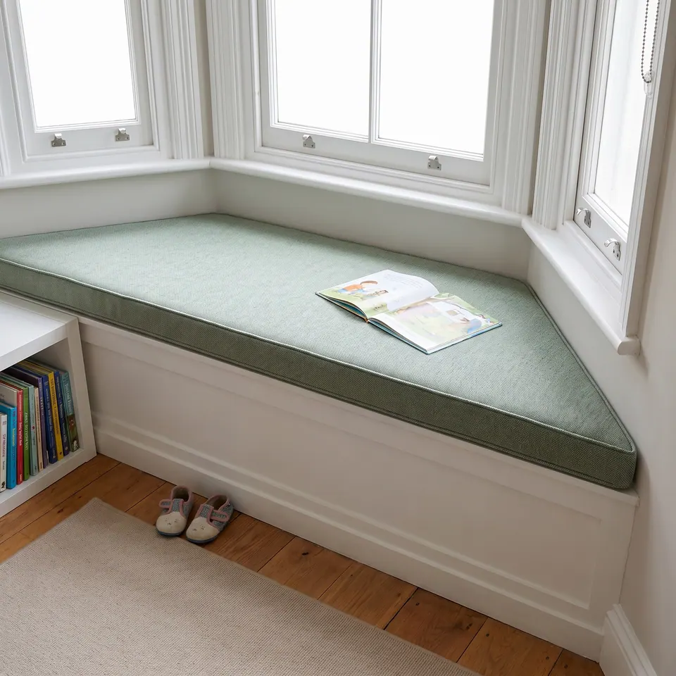 Sage green linen-look angled window seat cushion with self piping in a child's bay window, open picture book and slippers