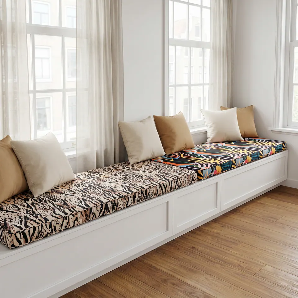 Long white window seat with a tiger and leopard patchwork print cushion beside a black tropical leaf cushion, camel pillows