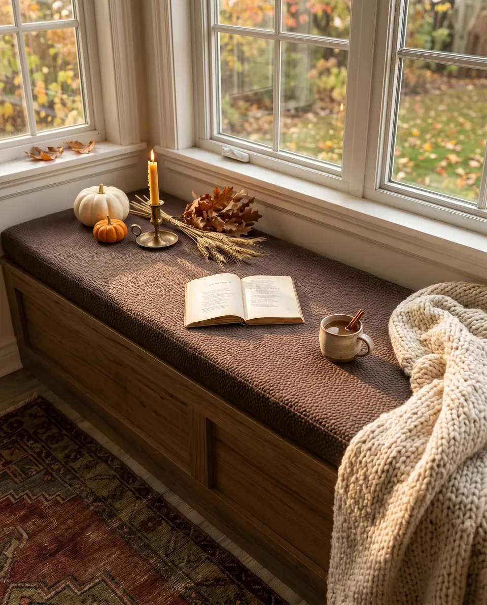 Chocolate brown window seat cushion on an oak box styled for autumn with pumpkins, a lit candle, cocoa and a cream knit throw
