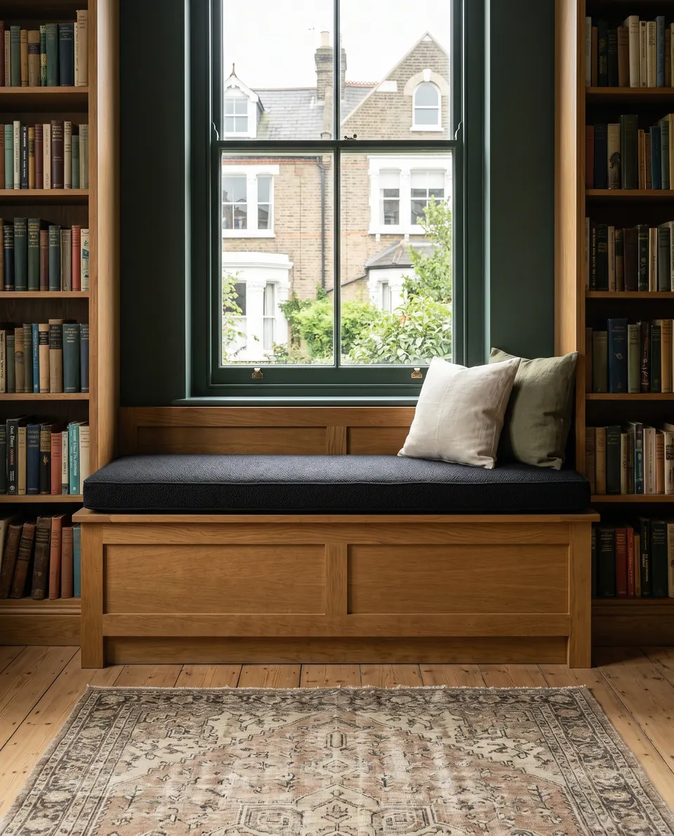 Black box window seat cushion on an oak storage bench between built-in bookshelves, with ivory and olive pillows
