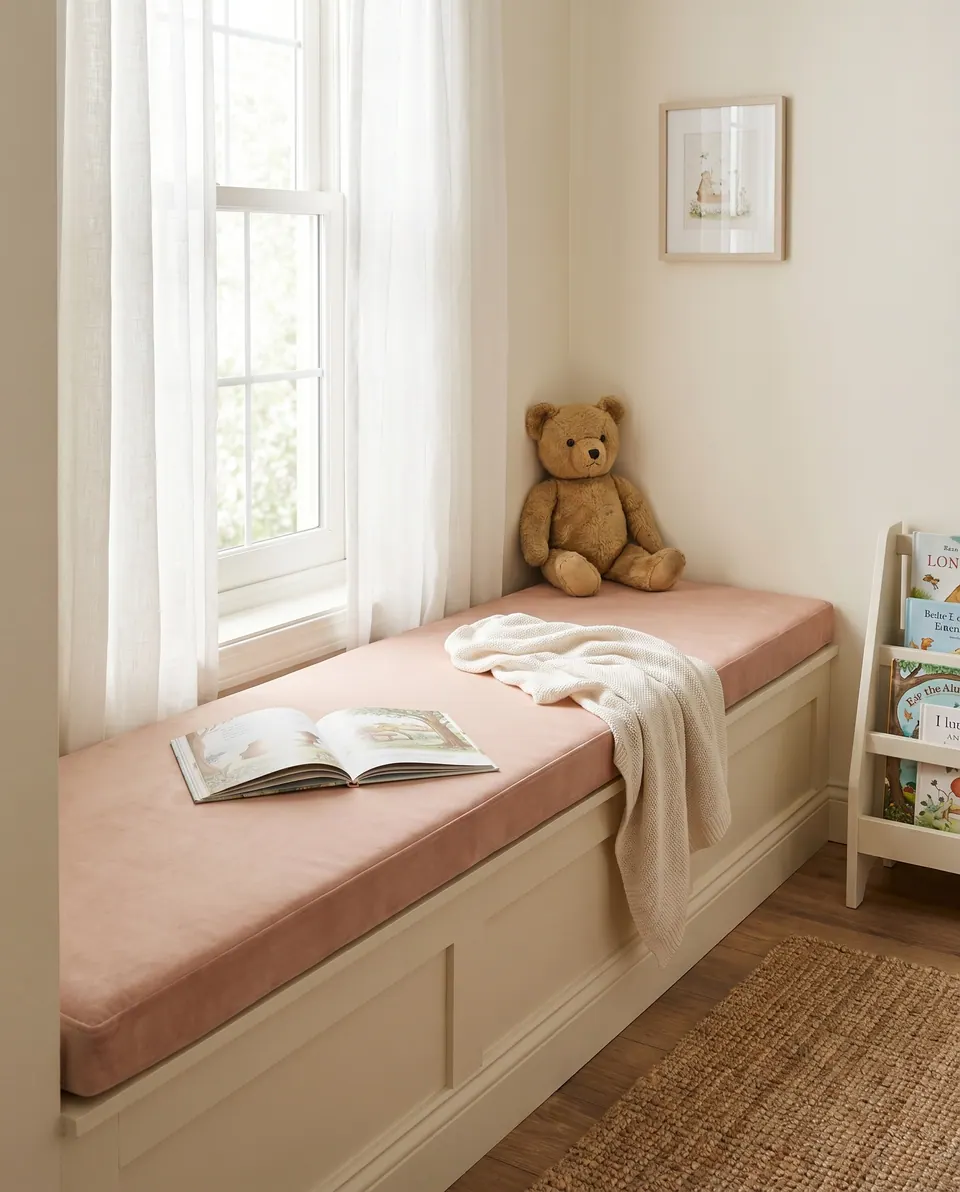 Blush pink velvet cushion on a cream paneled nursery window seat with a teddy bear, picture book and knit blanket