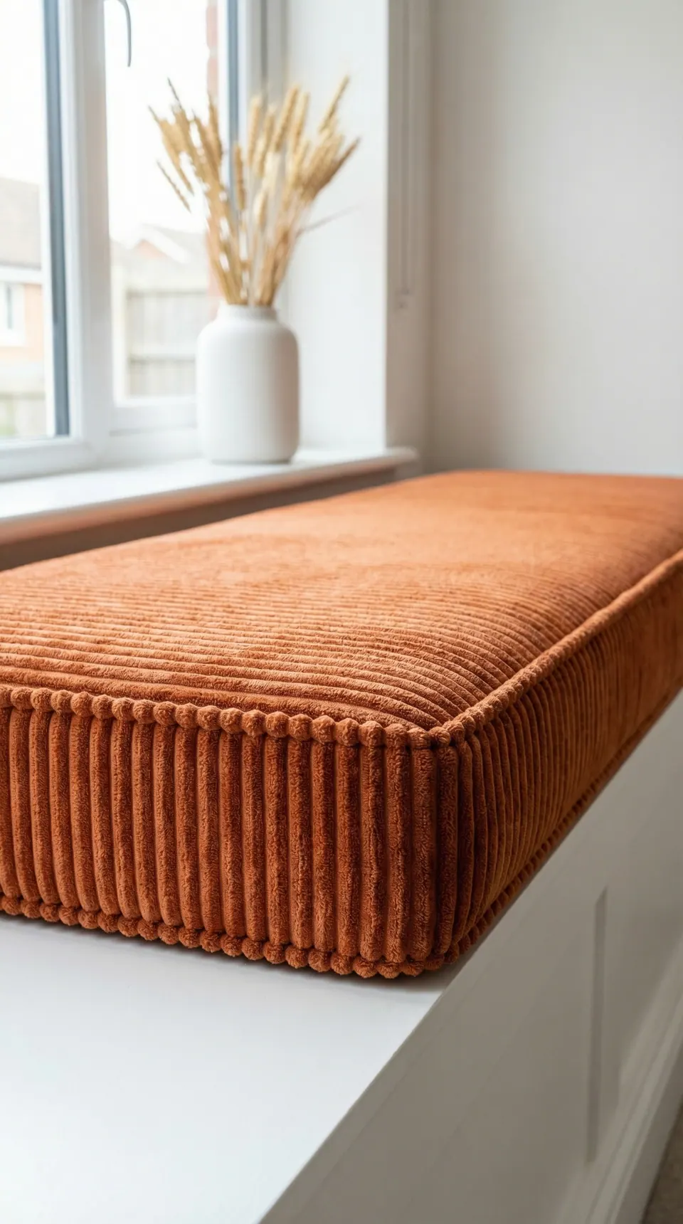 Burnt orange wide-wale corduroy window seat cushion with self piping on a white ledge beside a vase of dried wheat