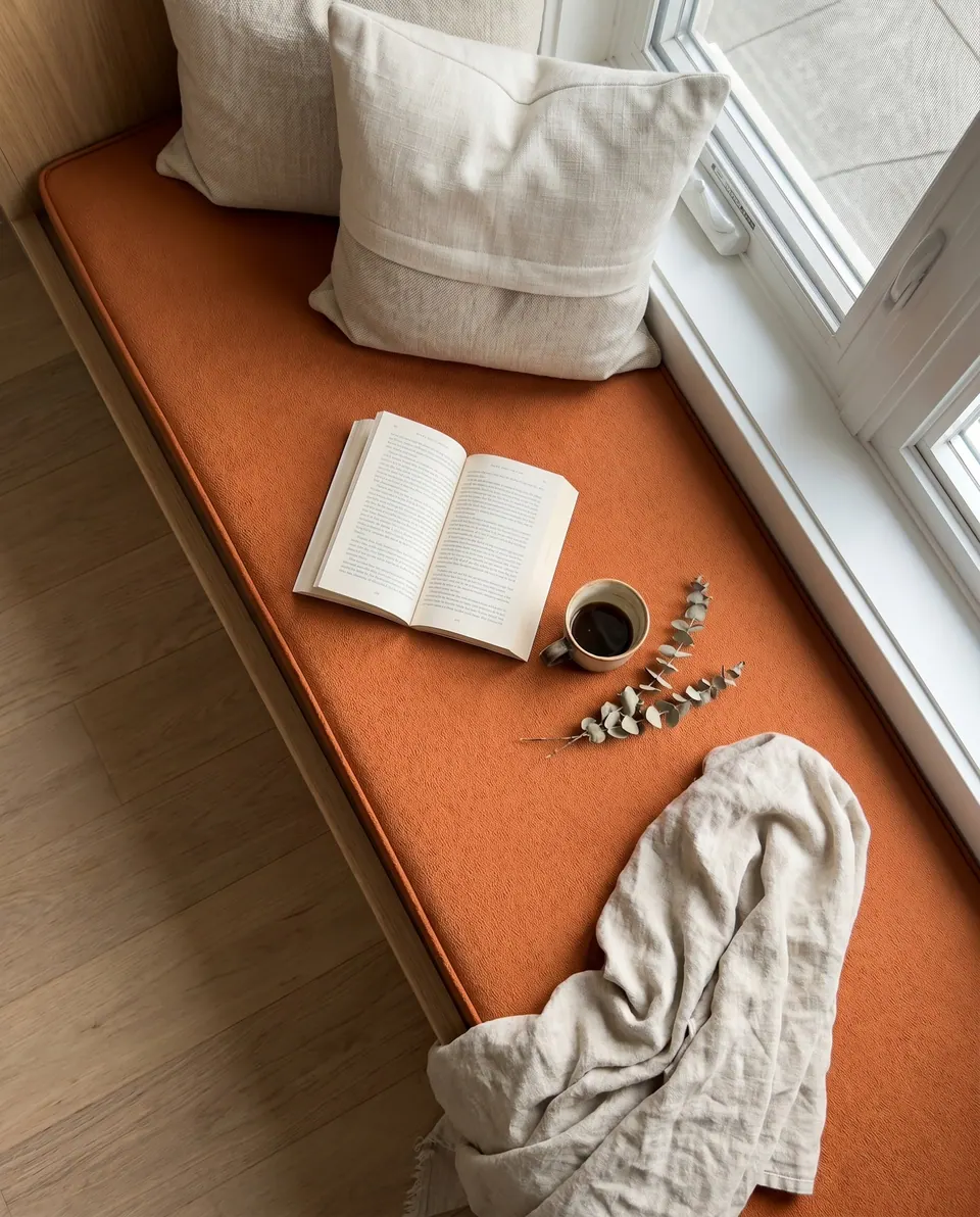 Overhead view of a thin burnt orange pet-friendly window seat cushion with linen pillows, open book, coffee and linen throw