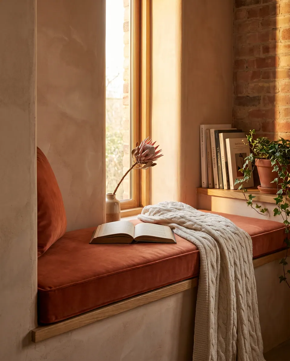 Rust velvet window seat cushion in a deep plaster window with a cable-knit throw, open book, protea and brick wall