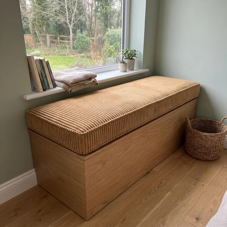 Camel wide-wale corduroy cushion on an oak window chest in a sage green room with books and a pink throw