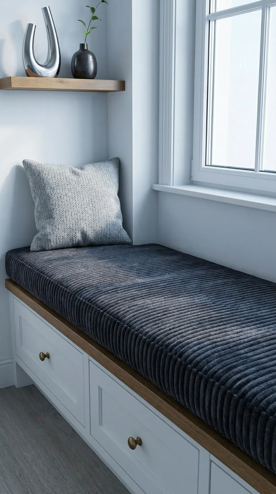 Charcoal jumbo-cord window seat cushion on a white drawer bench with oak top, gray knit pillow and floating shelf