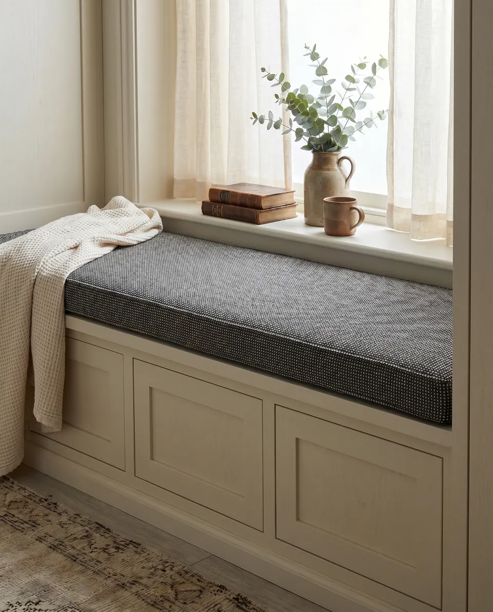 Charcoal pin-dot window seat cushion on a greige painted shaker window seat, cream waffle throw and eucalyptus jug