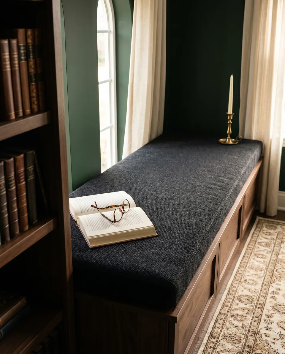 Charcoal textured window seat cushion on a walnut storage base with open book, glasses and brass candlestick in a library
