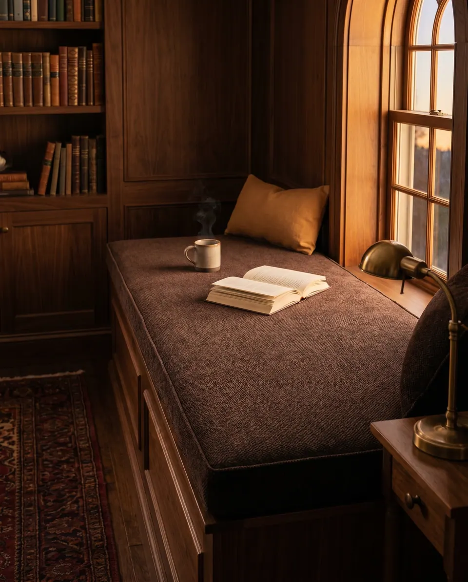 Chocolate brown textured window seat cushion with ochre pillow, open book and mug in a walnut-paneled library nook