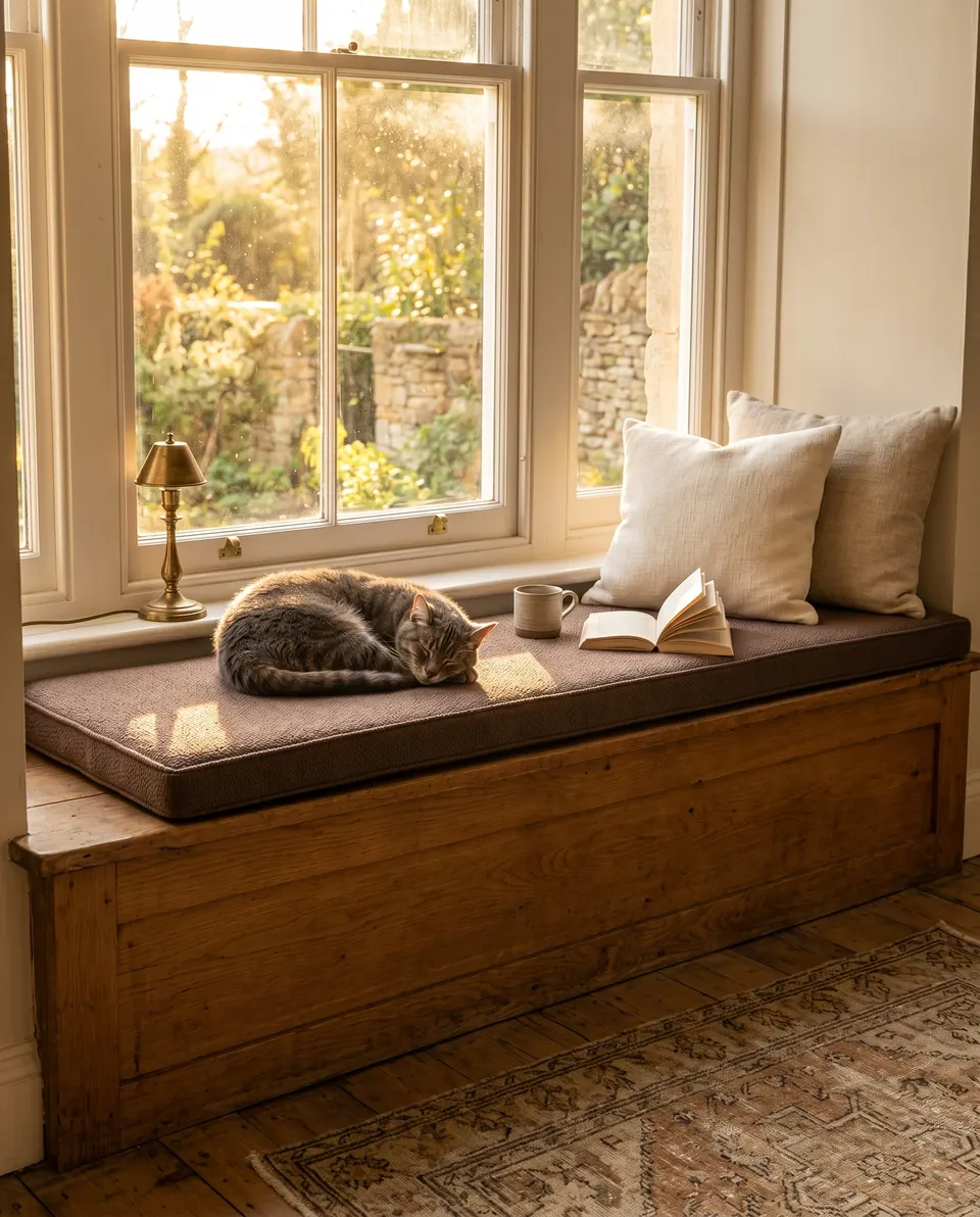 Chocolate brown pet-friendly window seat cushion on a pine storage box with a sleeping tabby in golden evening light