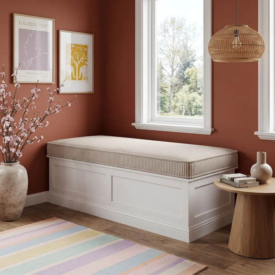 Cream corduroy box cushion on a white storage chest under a window, terracotta walls, rattan pendant and cherry blossom