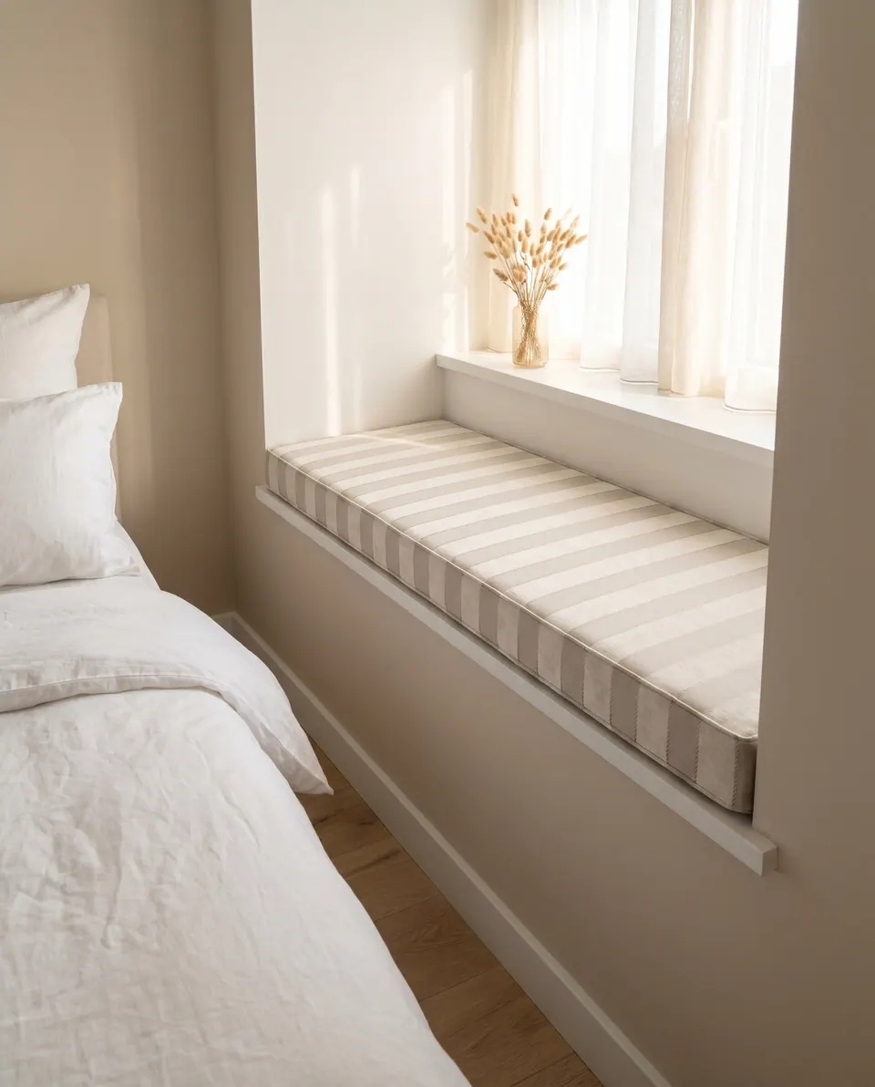 Cream and taupe wide-stripe box cushion fitted wall to wall in a white bedroom window niche with dried grass in a vase